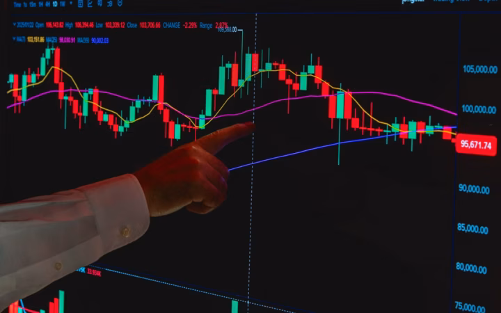 Pantalla con gráficos financieros y líneas de cotización en un entorno de oficina; recurso ilustrativo sobre el seguimiento del mercado bursátil.