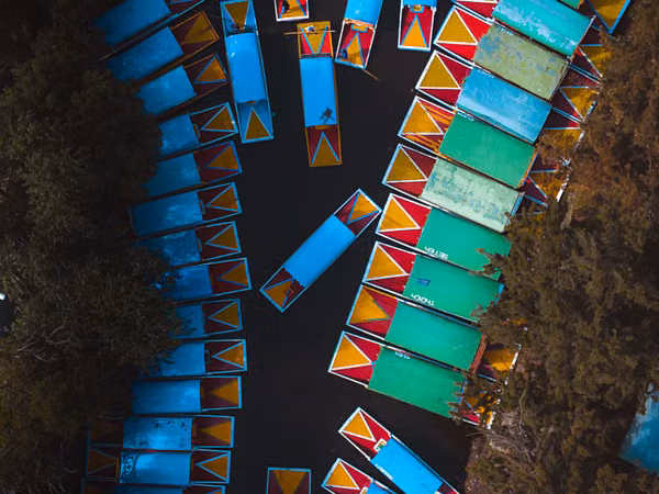 Vista ilustrativa de un canal y vegetación acuática que evoca los paisajes lacustres de Xochimilco; la imagen no identifica un embarcadero específico.