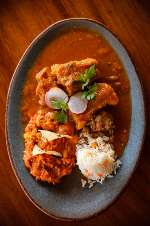Plato de mole oscuro con guarnición; imagen editorial sobre la cocina mexicana tradicional.