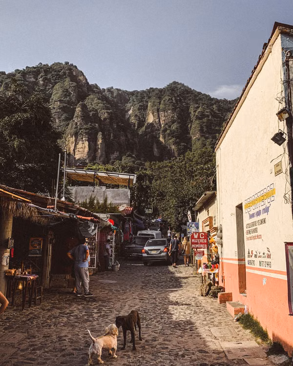 Vista de una calle de Tepoztlán, Morelos, con construcciones y vegetación del entorno.